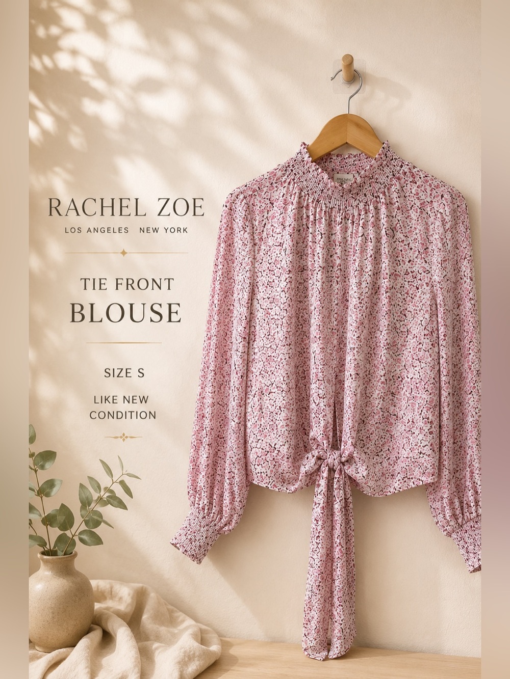 Rachel Zoe Pink Floral Smocked Tie Front Blouse Long Sleeve Size Small
